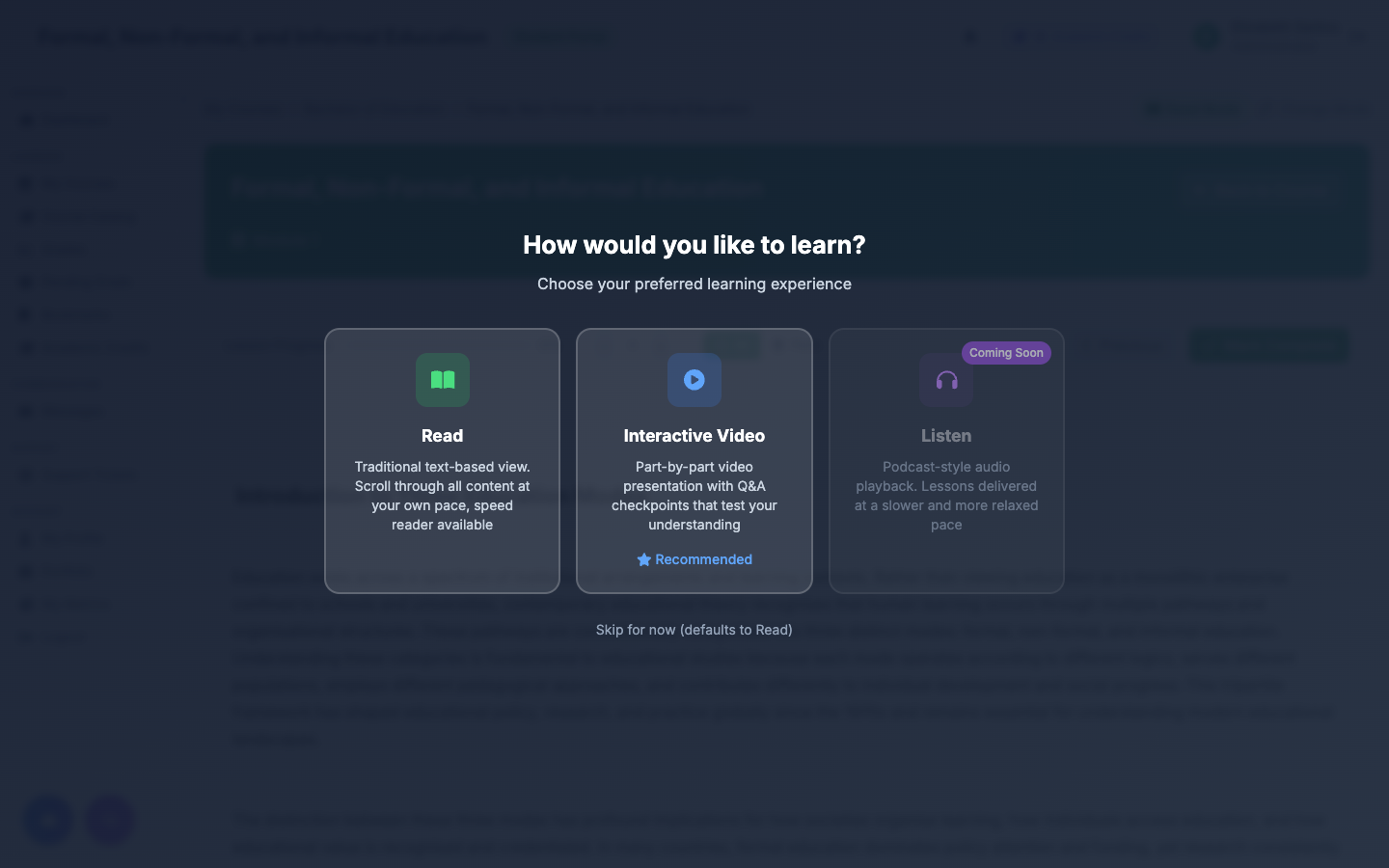 Learning mode selection showing Read, Interactive Video, and Listen options