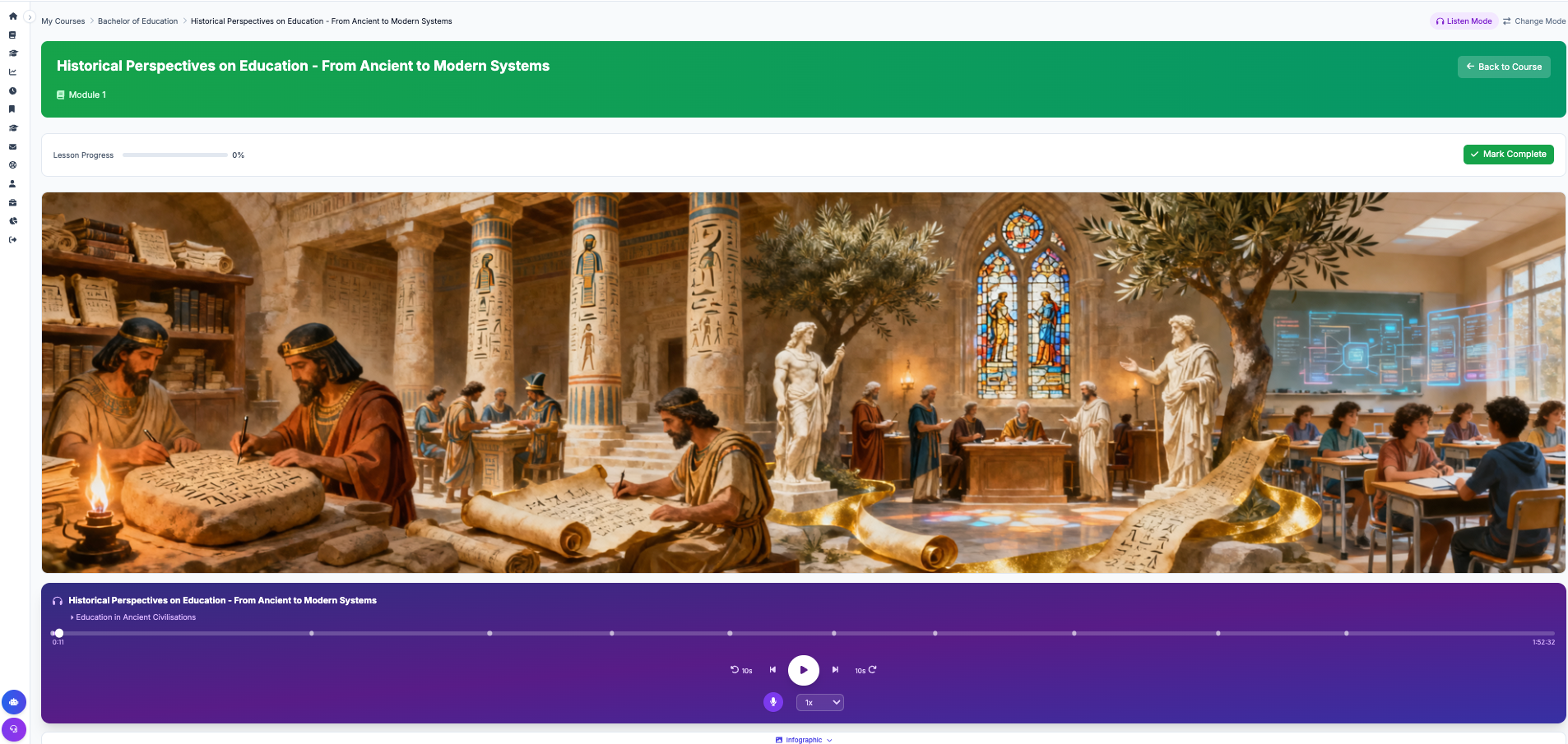 Listen mode with podcast player, chapter markers, and synchronized transcript